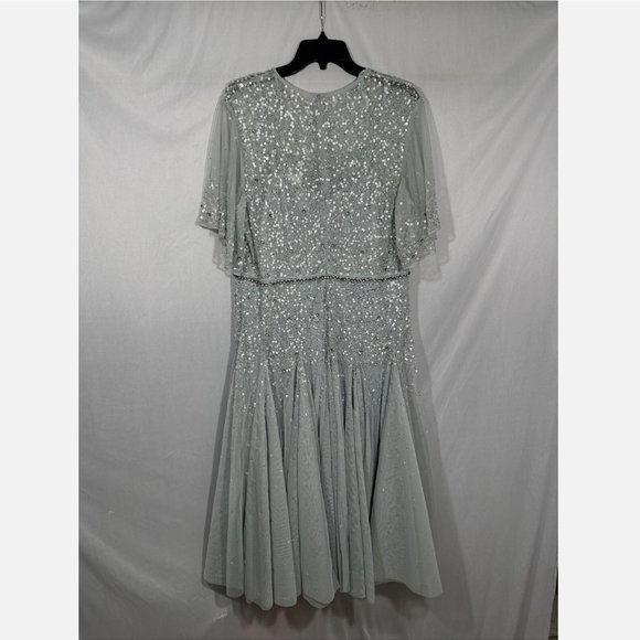 NWT $598 Mac Duggal [ 14 ] Cape Sleeve Beaded Tea A-Line Dress Powder Blue‎ - Picture 13 of 16